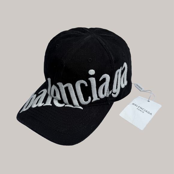 NWT Balenciaga Spellout Logo Hat Embroidered Black Diagonal SS23 - Picture 1 of 9